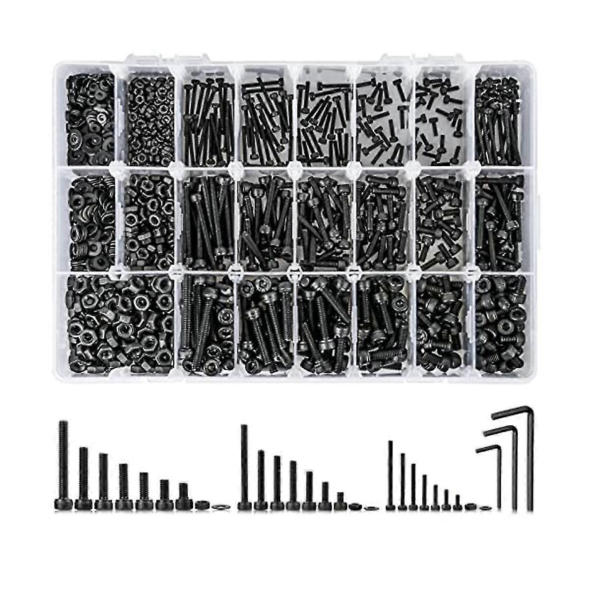 1263pcs Metric Bolt Assortment M2 , 21 Sizes Screws Nuts And Hex Socket Head Cap Machine Kit Black