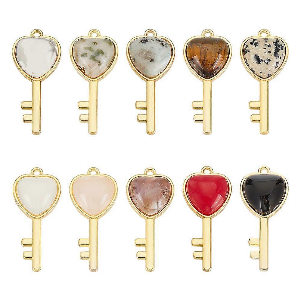 10Pcs 10 Styles Natural & Synthetic Mixed Gemstone Pendants with Light Gold Plated Brass Findings Mixed Dyed and Undyed Key with Heart Charm 38x17x6.5