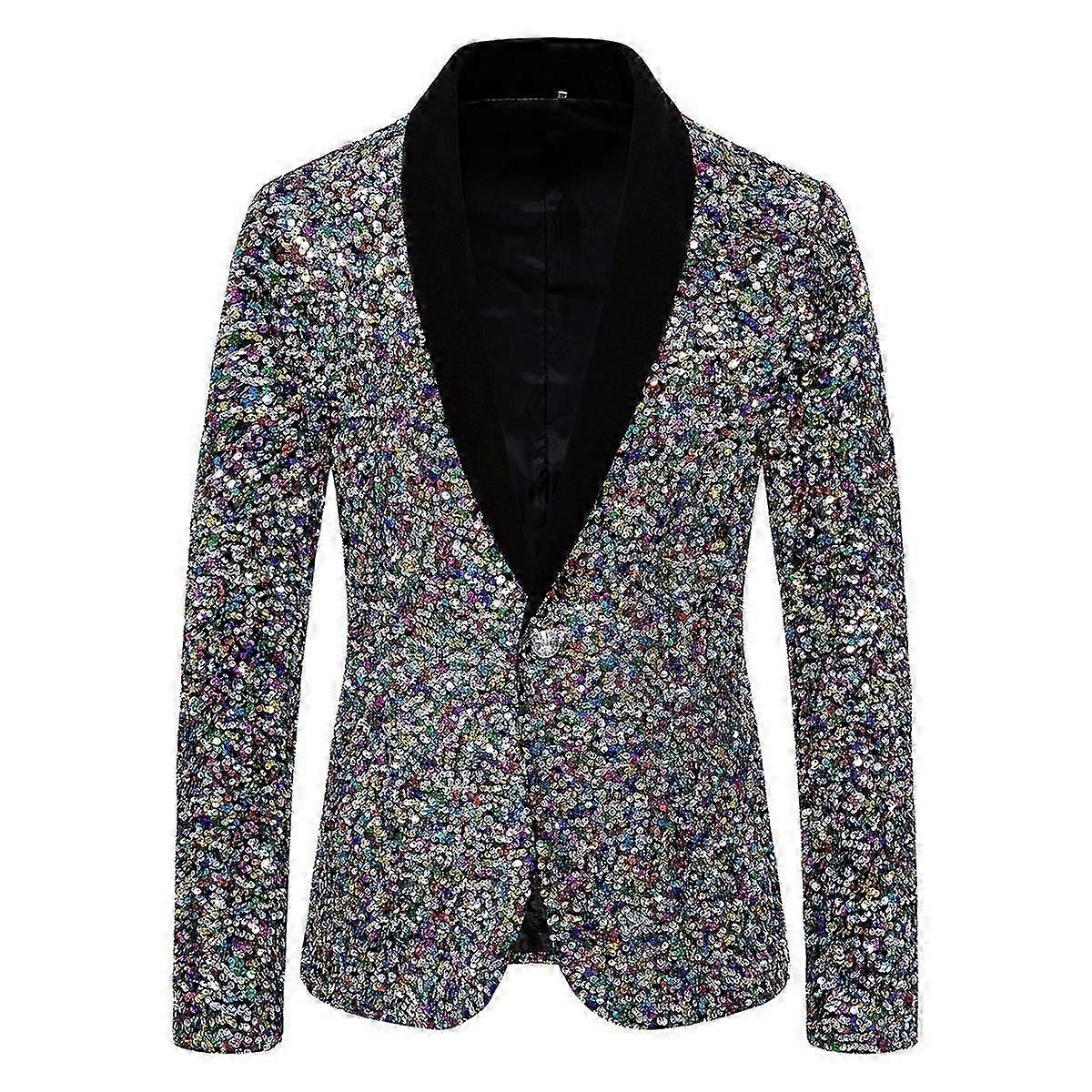 Men's Shiny Sequins Suit Jacket Blazer Button Tuxedo For Party,wedding M