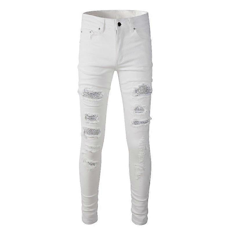 White Jeans High Street Broken Holes with Diamonds Jeans Men's Elastic Slim Jeans