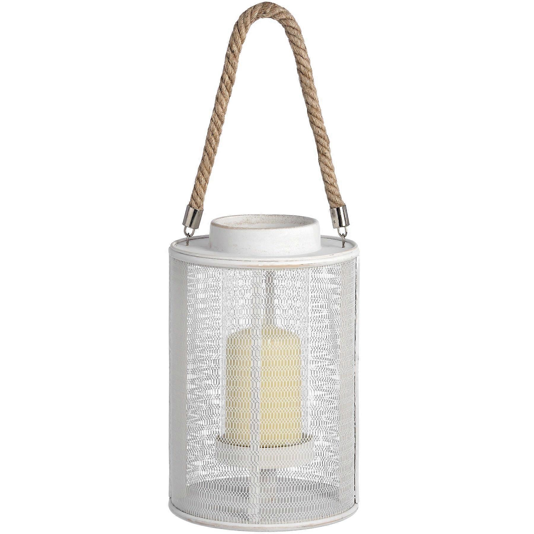 Rustic White Lantern Candle Holder With A Chunky Rope Handle