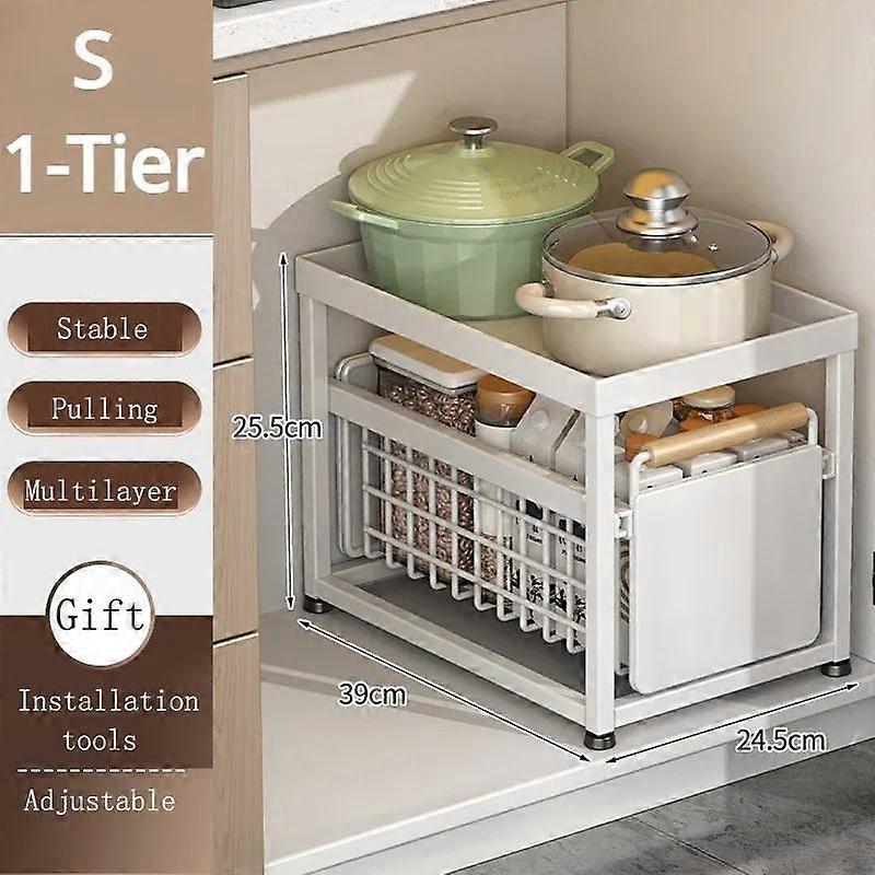 Kitchen Storage Rack With Pull-out Basket Layered Shelves Carbon Steel Under Sink Shelf Seasoning Bottle Bathroom Storage Racks
