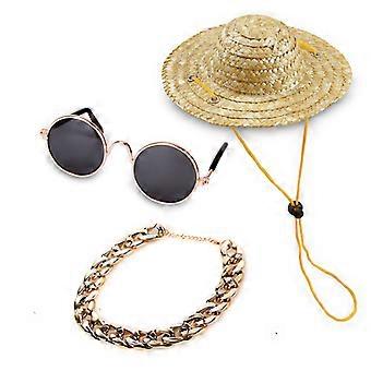 Funny Pet Classic Retro Circular Sunglasses and Gold Color Chain Necklace for Cats Small Dogs