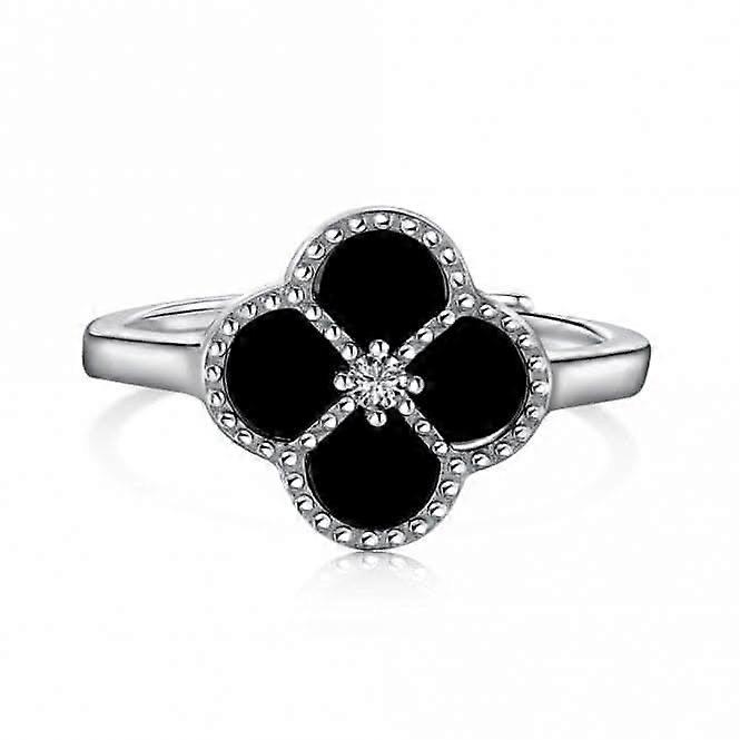 Sterling Silver Rhodium Plated Adjustable Black Lucky 4 Leaf Ring ERLR007