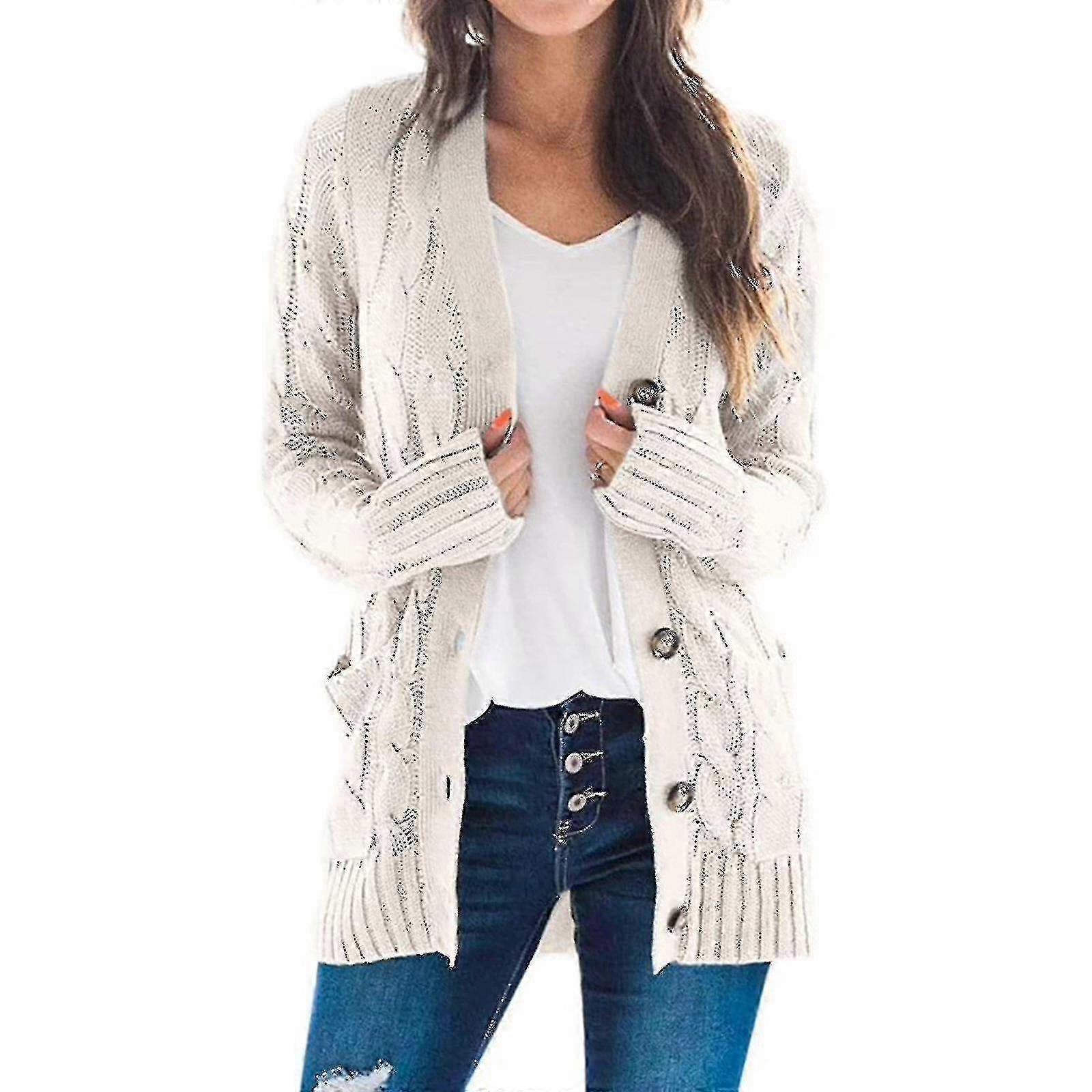 Long Sleeve Women's Cardigan Solid Color Cable Knit Pocket