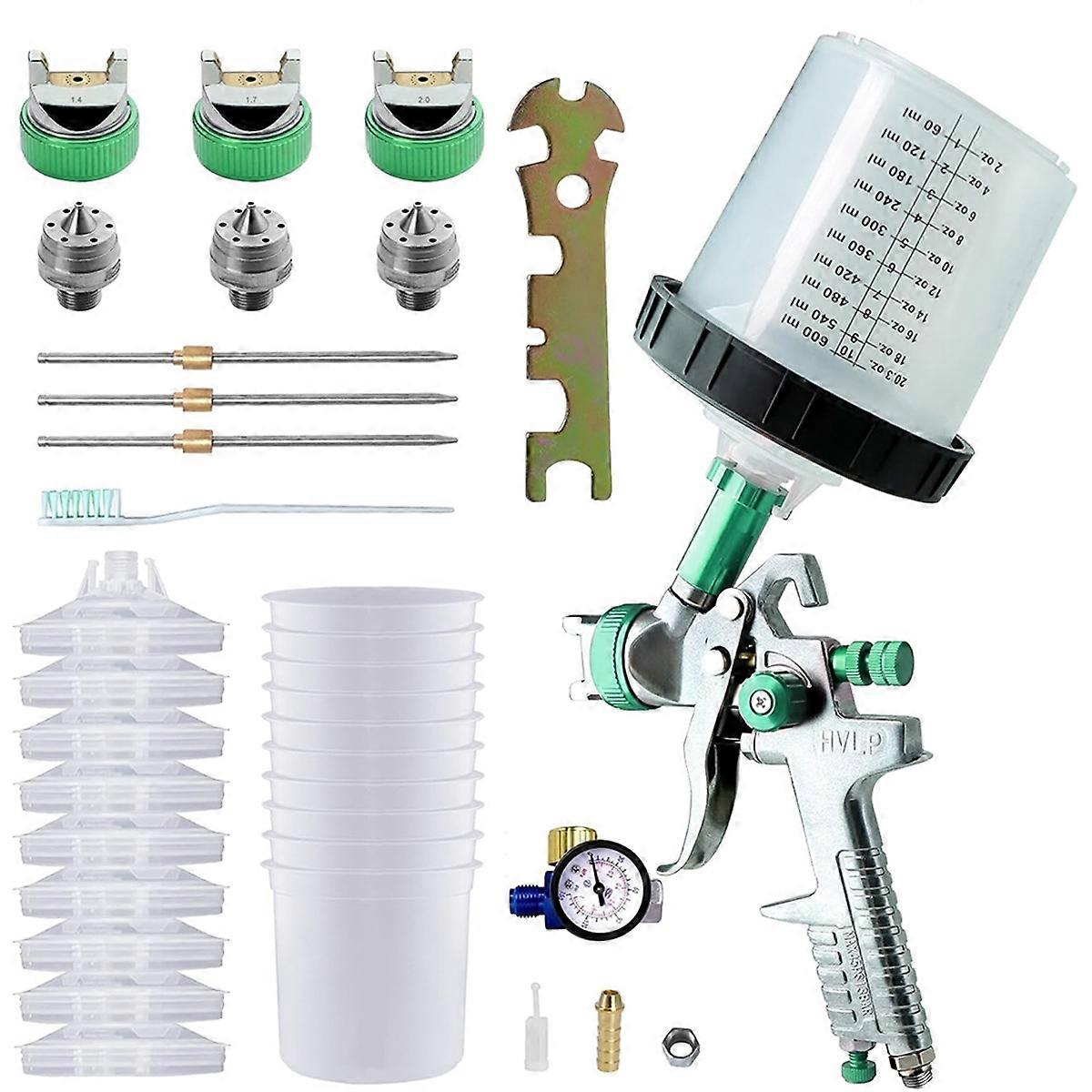 Paint Sprayer with Paint Mixing Cup, Paint- Kit Contain 1.4 1.7 2.0 mm Nozzles 10 Disposable 600ML Cups Green