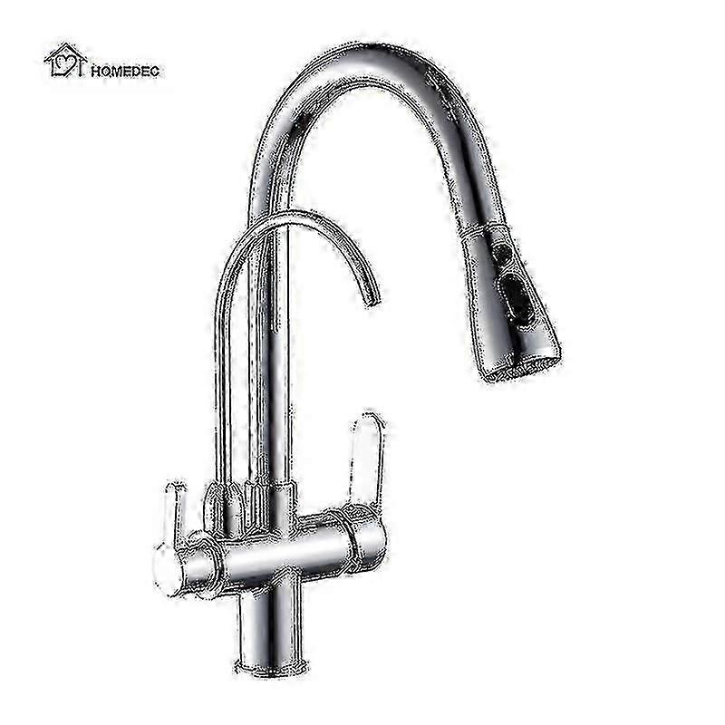 Modern 3-Way Pull Out Kitchen Tap, Matt Black Chrome & Brass Finish with Drinking Water FilterP2025050900811