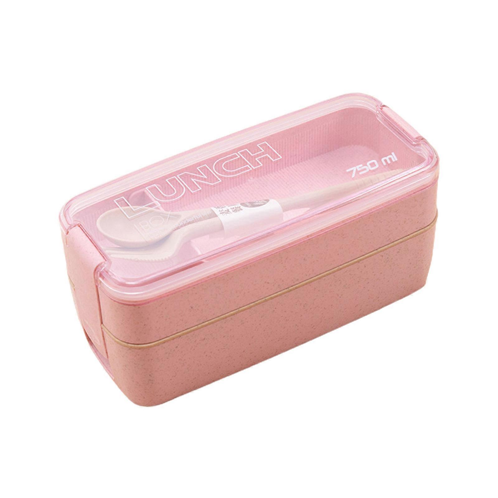 Leak-Proof Bento Box Double Layer Lunch Box Large Capacity Food Storage Container with Spoons and Forks for Homes Office Pink