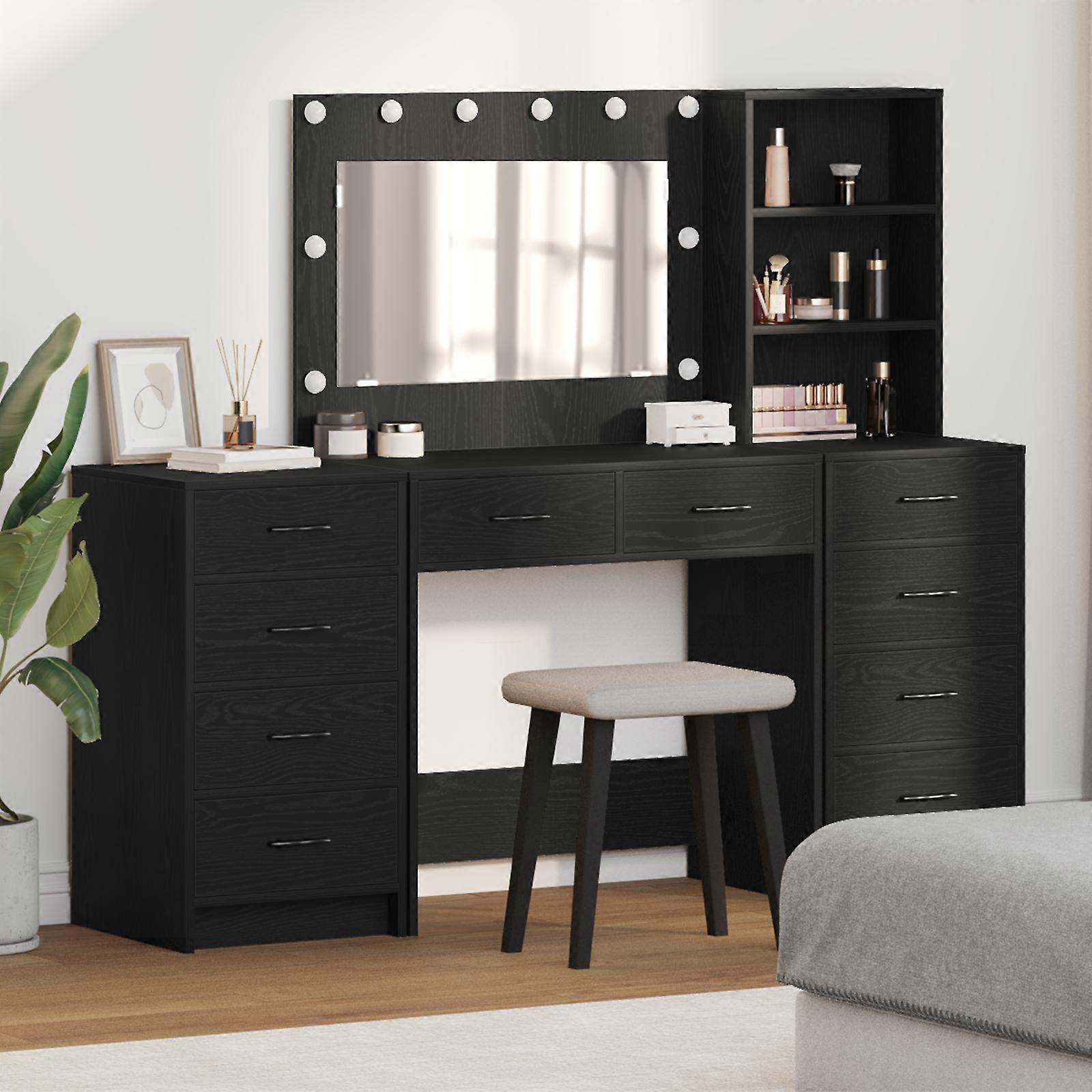 3 Piece Dressing Table Set with LED Black Engineered Wood