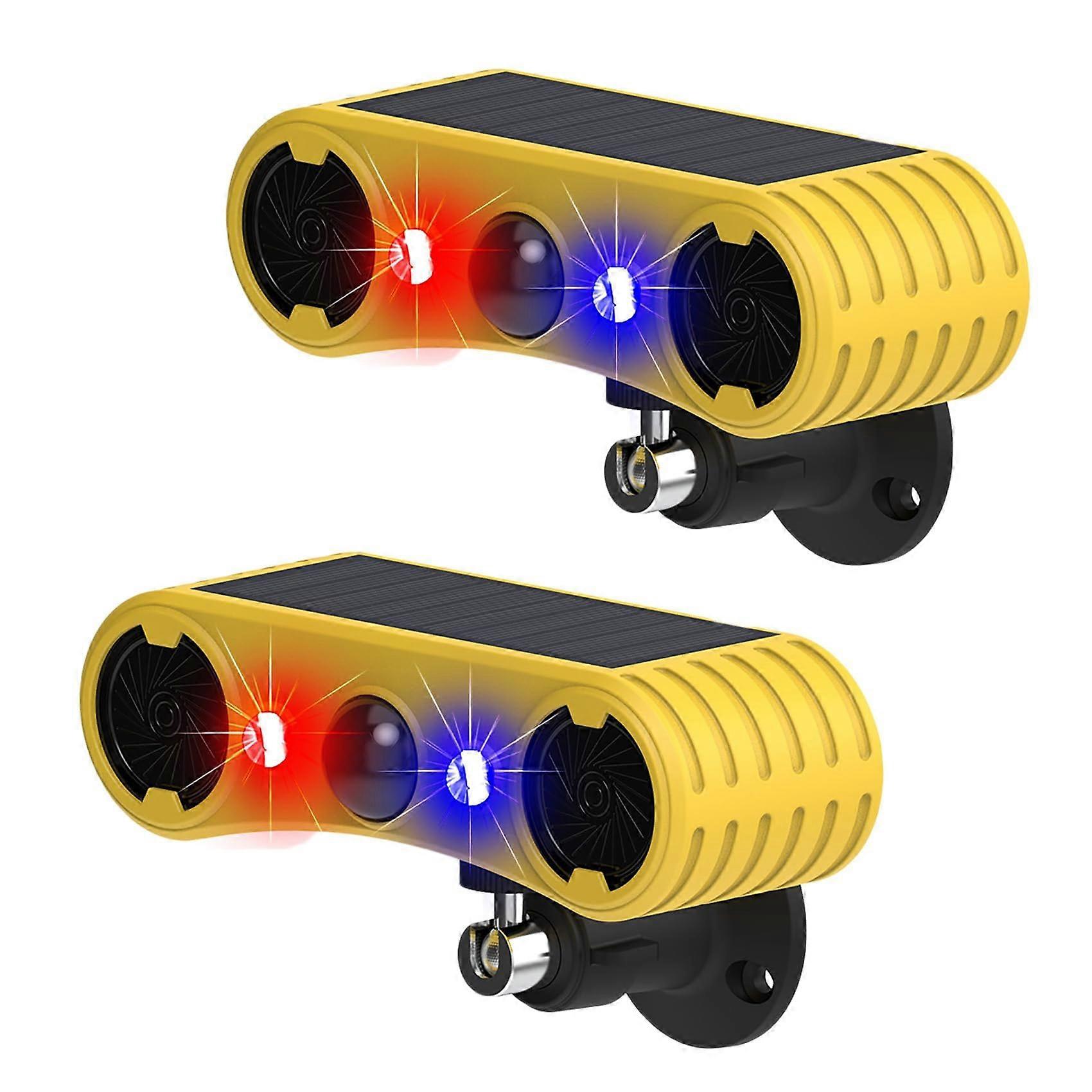Solar Motion Sensor Alarm with 13 Sounds, 129 dB Dual Speaker, LED Red Blue Strobe Light for Outdoor Farm Yard Orchard Barn (2 Pack)