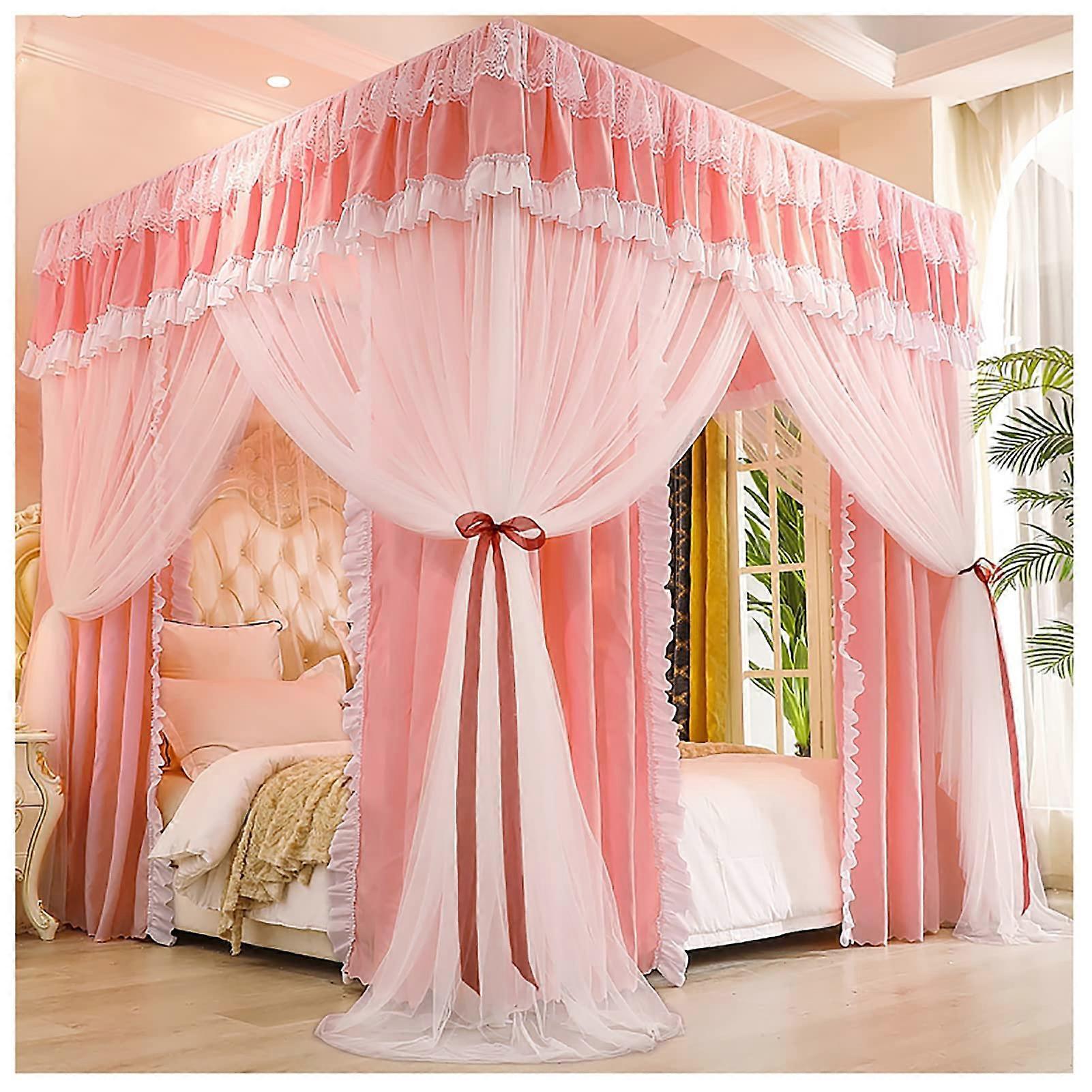 Four Corner Poles With Frame Bars Canopy Bed Mosquito Net Curtain For Single To King Beds Size 215 X 200 X 220 CM Pink