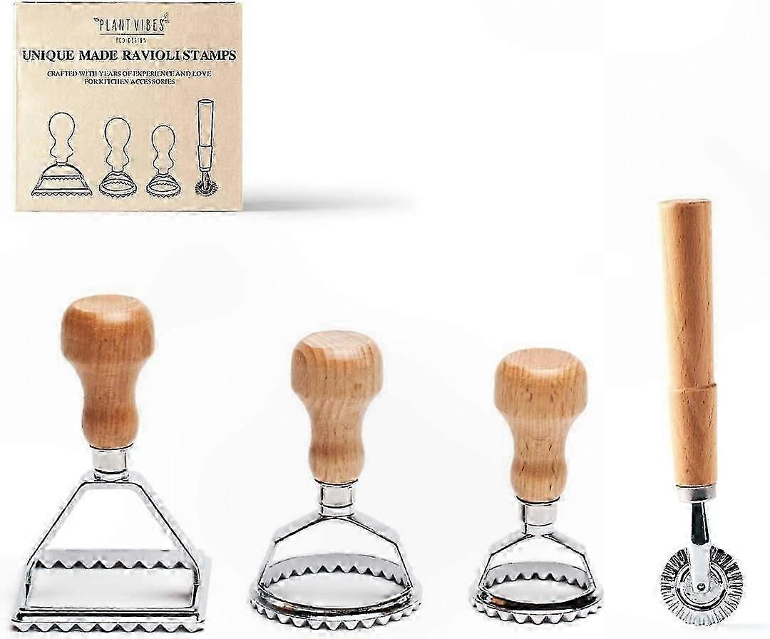 Ravioli Maker Kit: 4-Piece Set with Wooden Handle, Includes Stamps and Cutters for Perfect Pasta Shapes