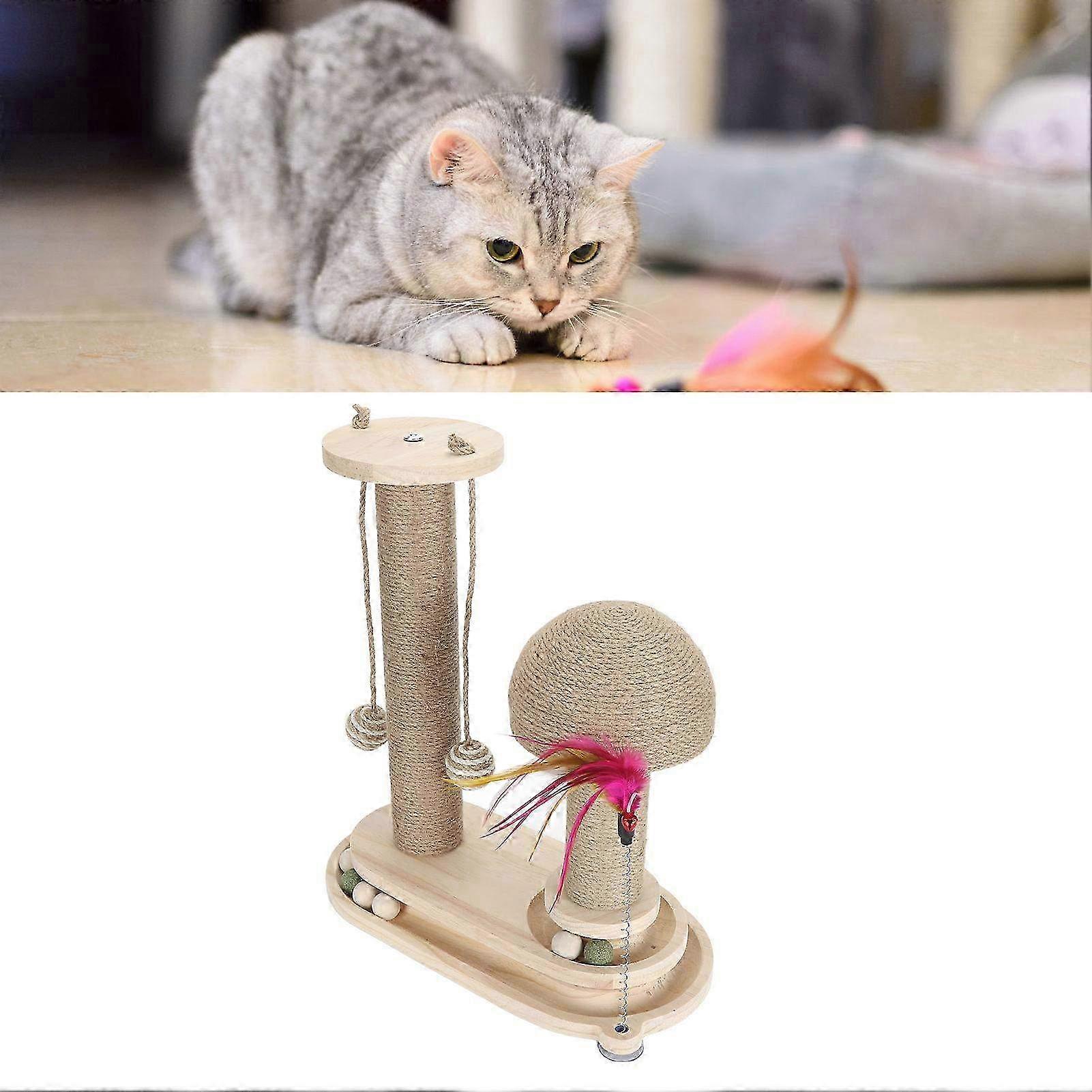 Interactive Tall Cat Scratching Post with 2-Layer Ball Track & Teasing Wand - Oval Mushroom Turntable for Indoor Kittens & Playful Cats