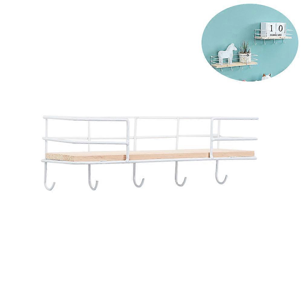 Modern Wrought Iron Wall Mounted Storage Rack with 5 Hooks for Keys and Small Items White Wood and