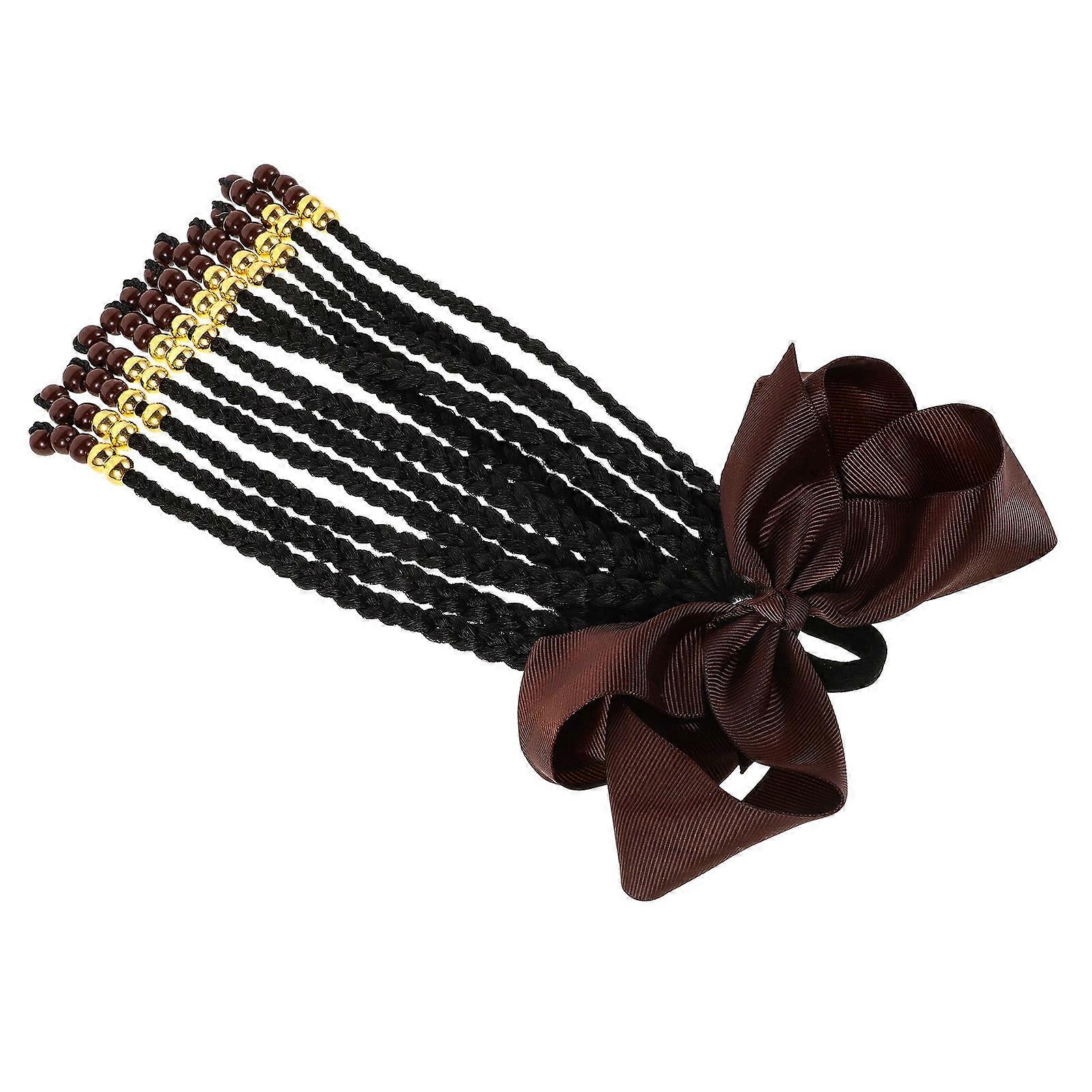 Braided Ponytail Extension with Beaded Bowknot for Girls Coffee Color High Temperature Fiber Comfortable Lightweight 7 inches