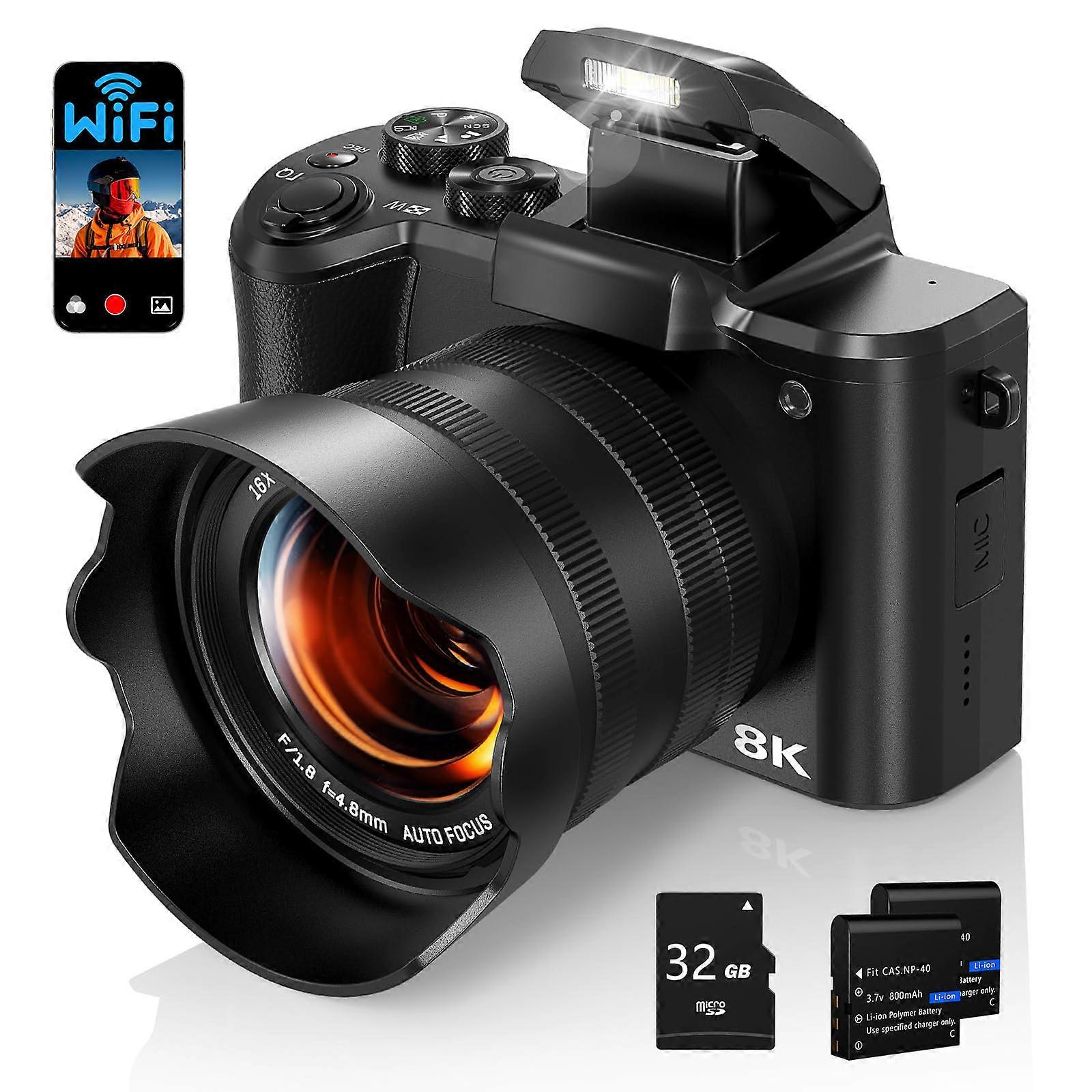 TKdaddy DC226 Students Entry-Level Digital Camera 48MP Sensor 8K HD Video Selfie Camera with 32GB Memory Card UK Plug