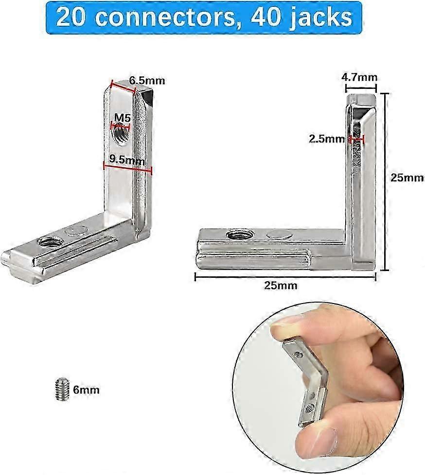 20 Pcs Reinforced Fixing Bracket Double-hole Galvanized Steel L Bracket with 40 Pcs 6mm Screws Mounting Brackets Concealed Connection for T-Slot Alumi