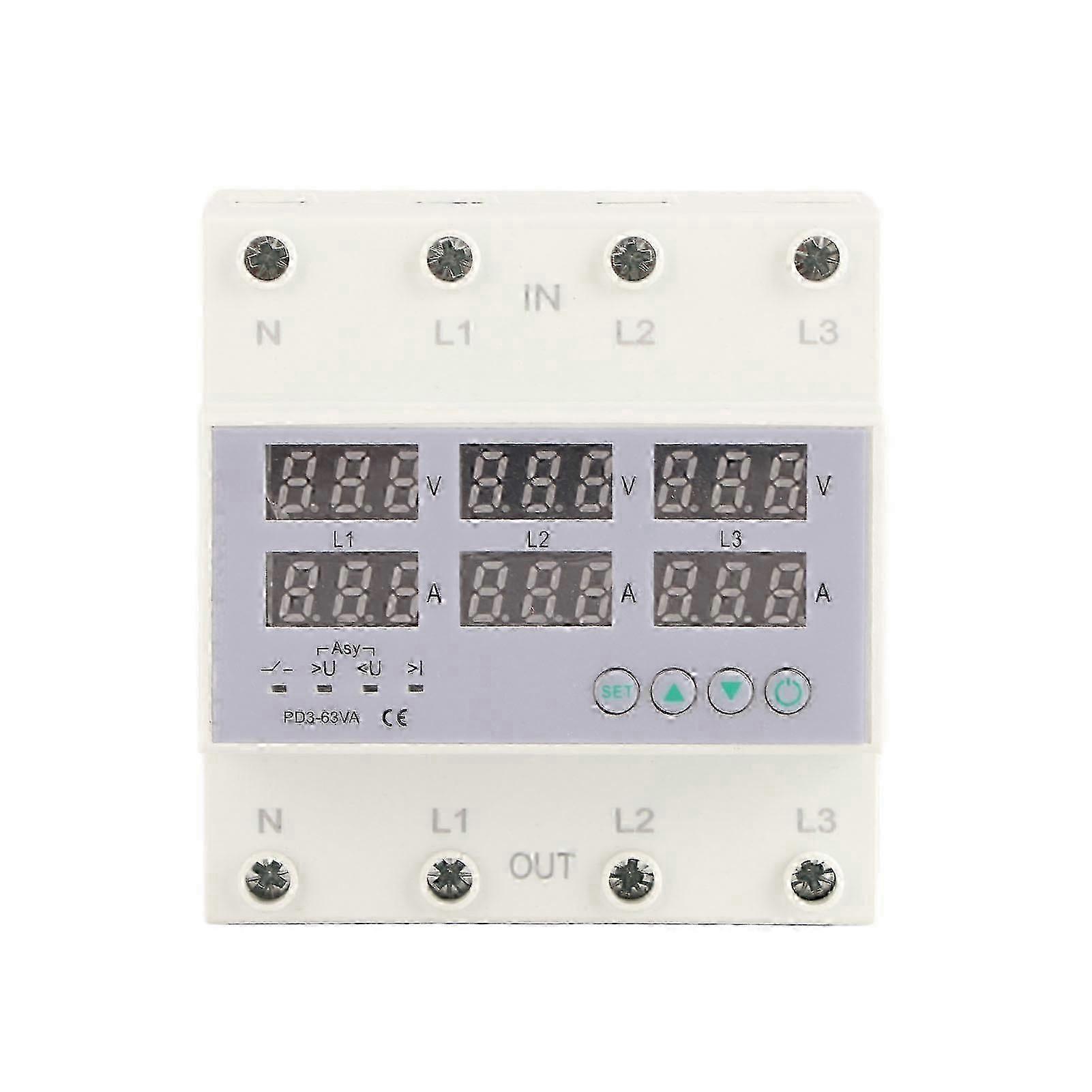 3 Phase DIN Rail Voltmeter Ammeter Automatic Overvoltage Overcurrent Protector AC 390?500V 63A--