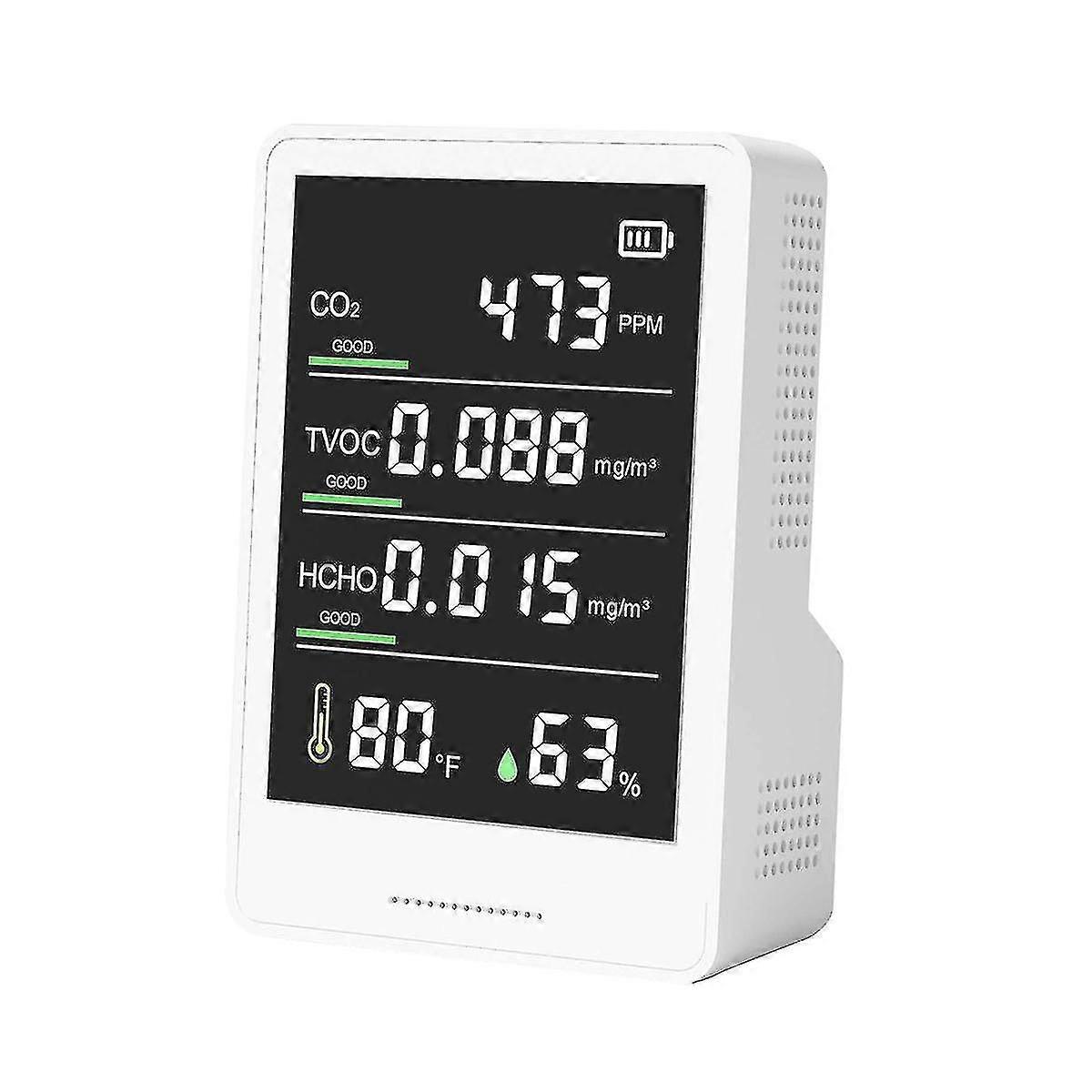 Fünf-in-Eins-Luftqualitätsmonitor aus weißem ABS-Material mit zweifarbigem Display und Sprachalarm