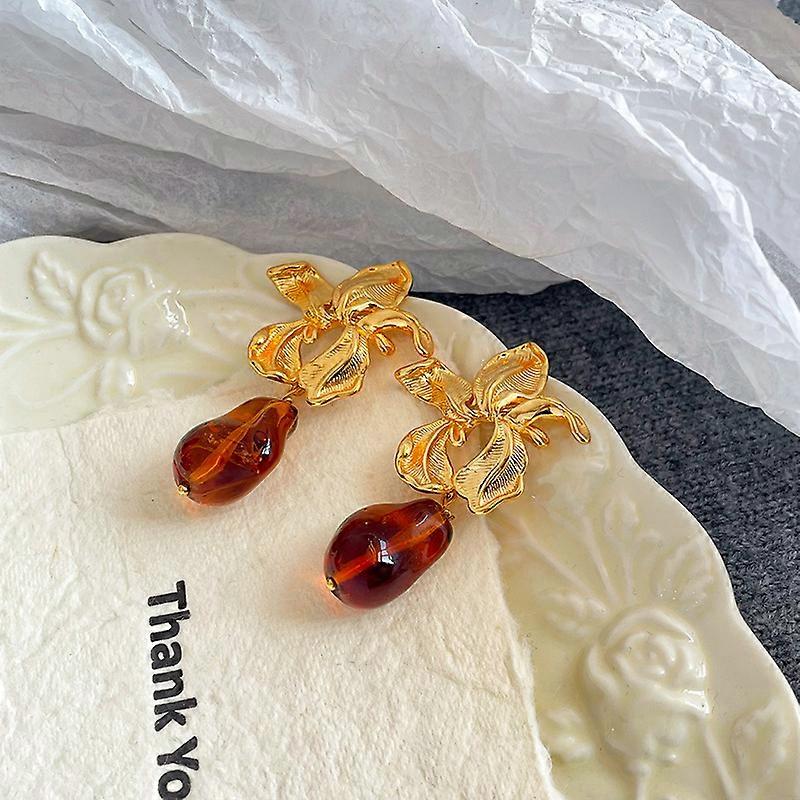 Small crystal Resin Iris S925 Silver needle tassel earrings - Versatile commuting earrings for women - brown