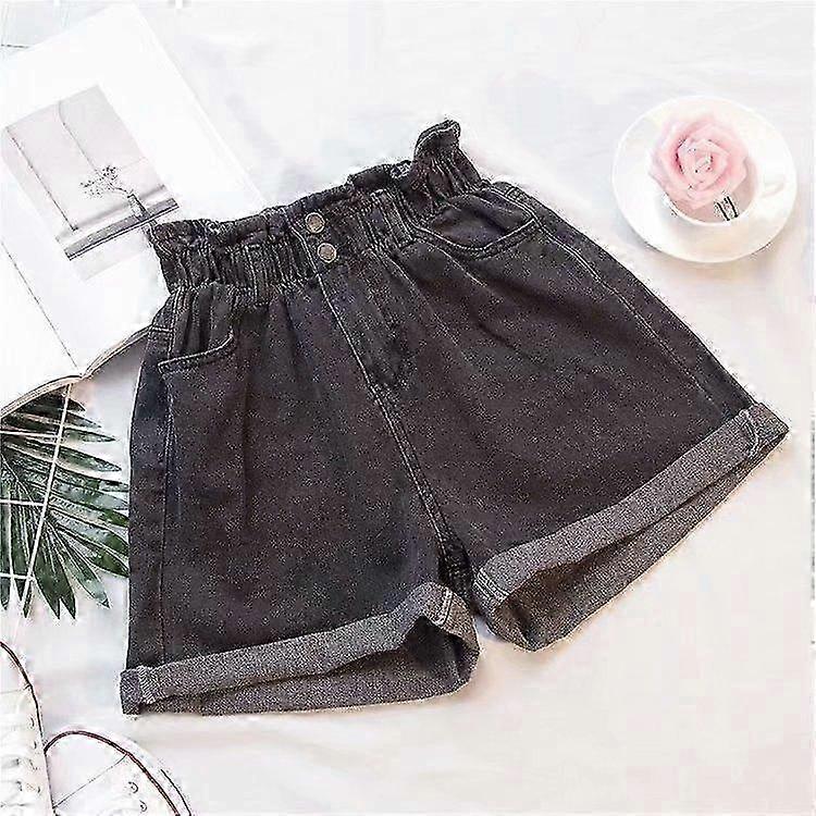 Plus size denim shorts for women with elastic waist and ruffle hem