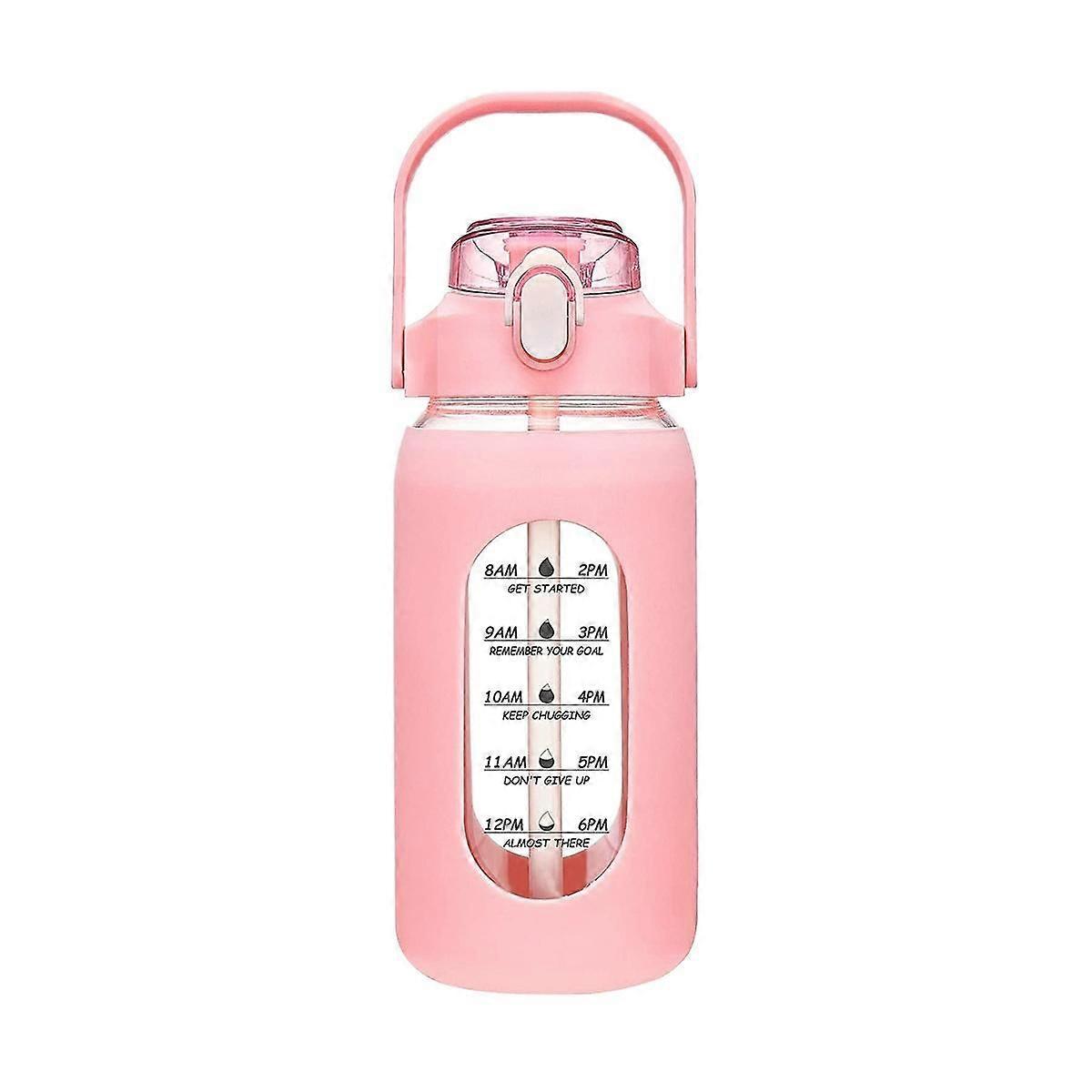 64Oz Glass Water Bottles with Straw, Glass Bottle with Silicone Sleeve and Time Marker, for Gym Hom