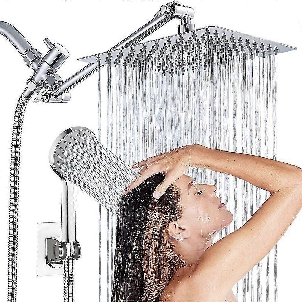 8 Inch Electroplated Rainfall Showerhead with 5 Modes Handheld Spray Wall Mounted Shower System