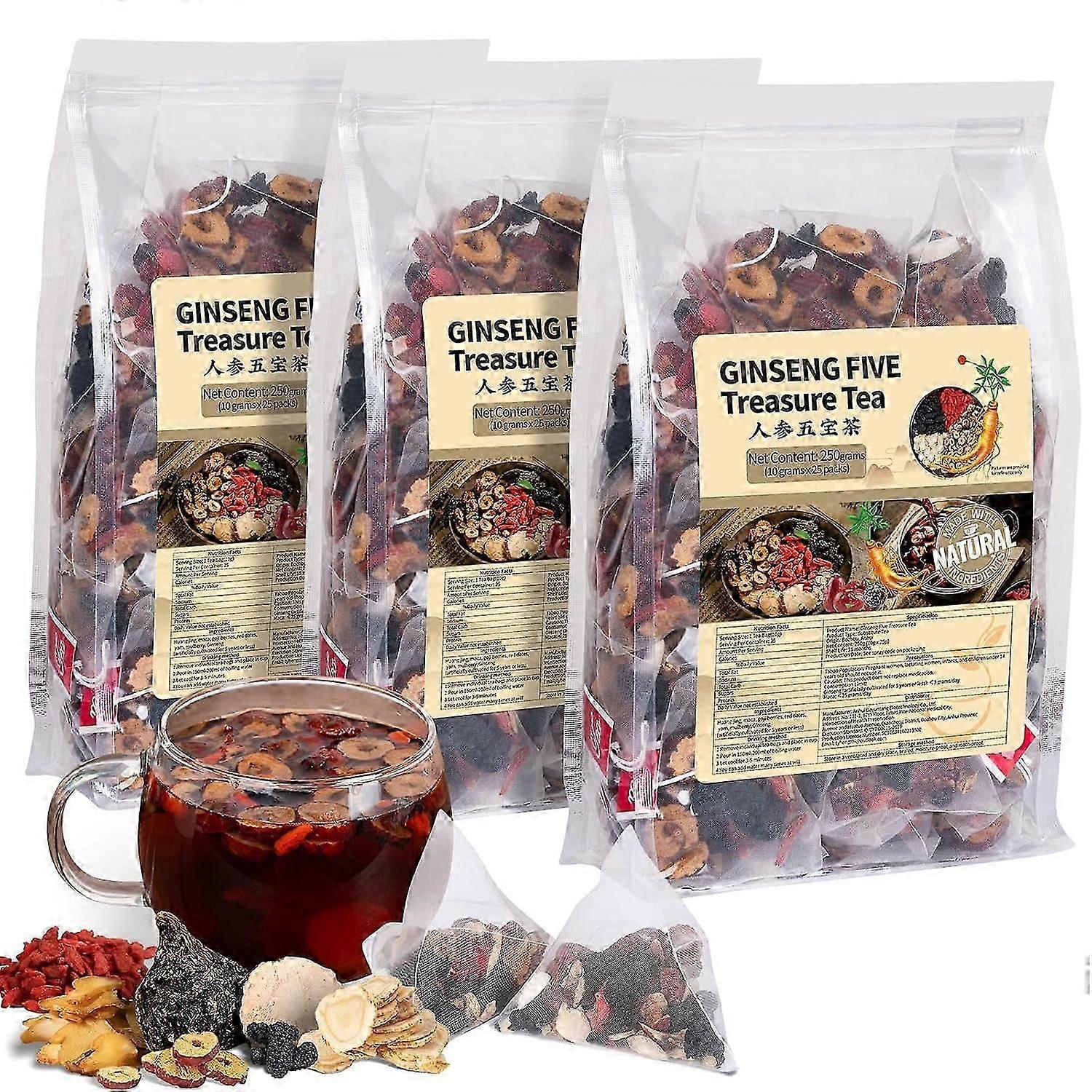 תה ג'ינסנג חמשת אוצרות תה לחיזוק כליות עשוי מצמחי מרפא אורגניים טבעיים ויקרים ומנטרל רעלים כליות לגברים ולנשים. למבוגרים