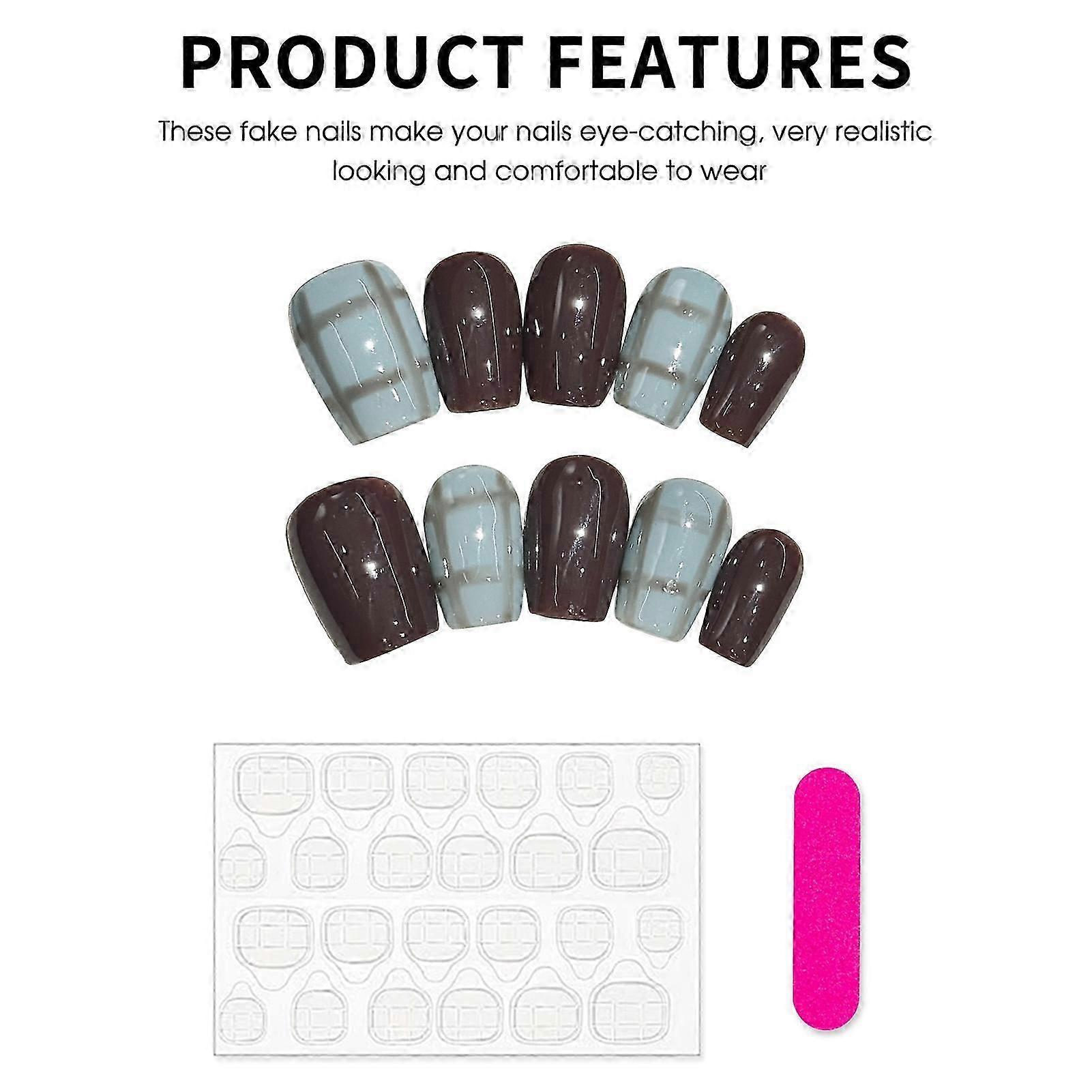 Handmade Brown&Blue Press on Nails Full Cover Square Artificial Nail Tips for Women Nail Art Decoration