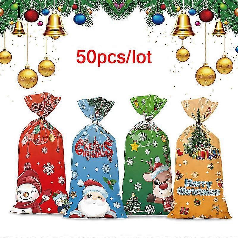 50pcs Santa Claus Snowman Mixed Candy Bags Plastic Gift Bag For 2024 Xmas Decor