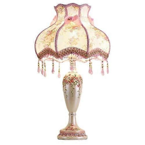 Victorian Table Lamp Pink With Vintage Fabric Shade, European Pastoral Design, Fringe And Lace, 11.8 D x 11.8 W x 20.5 H
