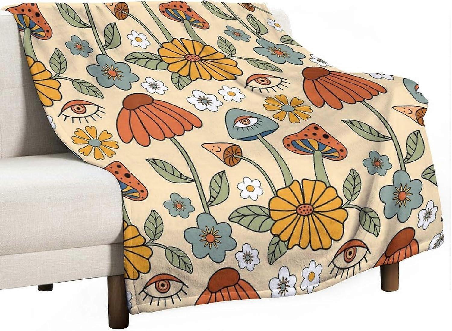 Retro 70s Boho Mushroom Blanket, Rustic Cute Floral Hippie Vintage Abstract Super Soft Flannel Throw Blanket for Bed Sofa (330GSM Flannel) 40"x60"IM