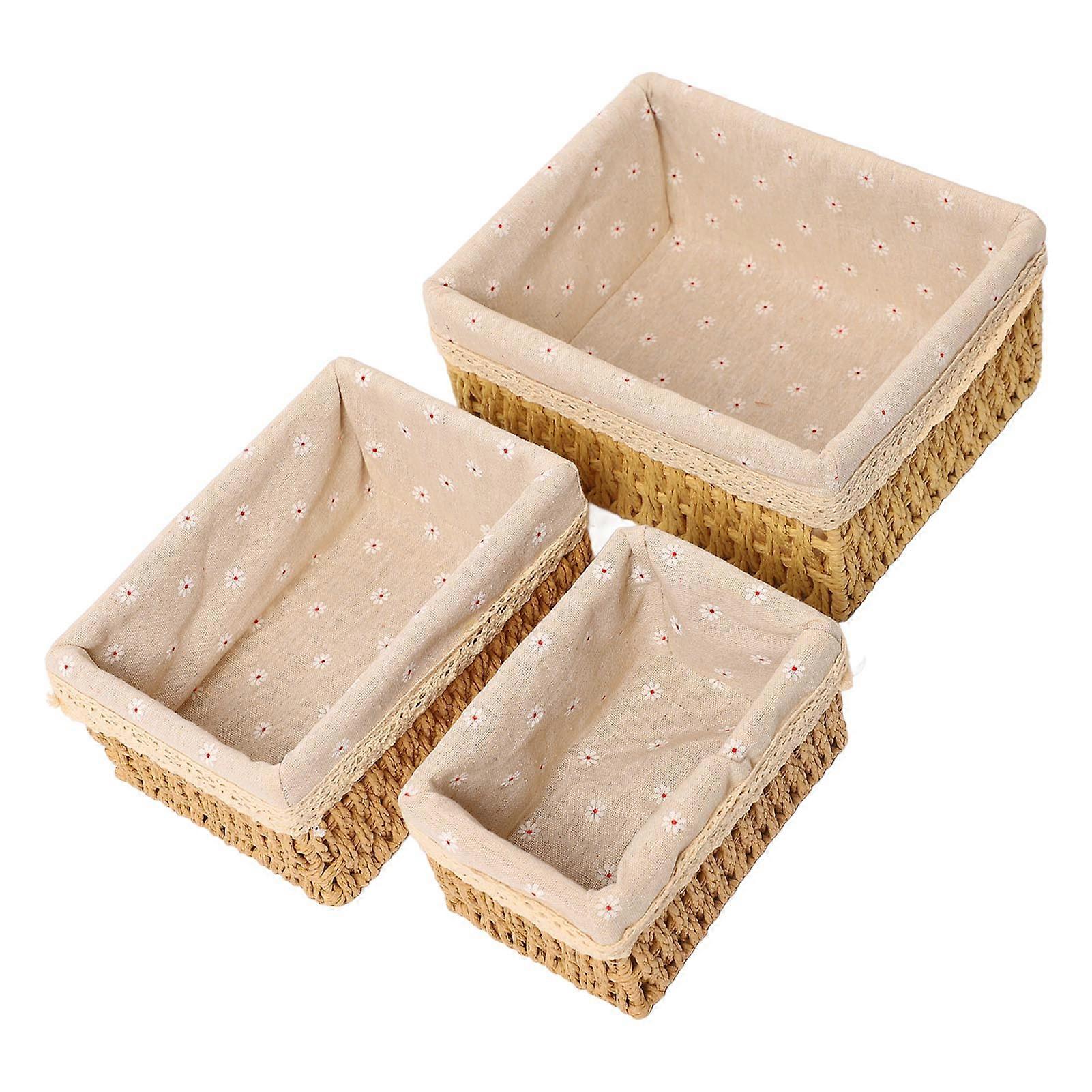 3pcs Hand Woven Rectangular Straw Storage Baskets with Cloth Lining