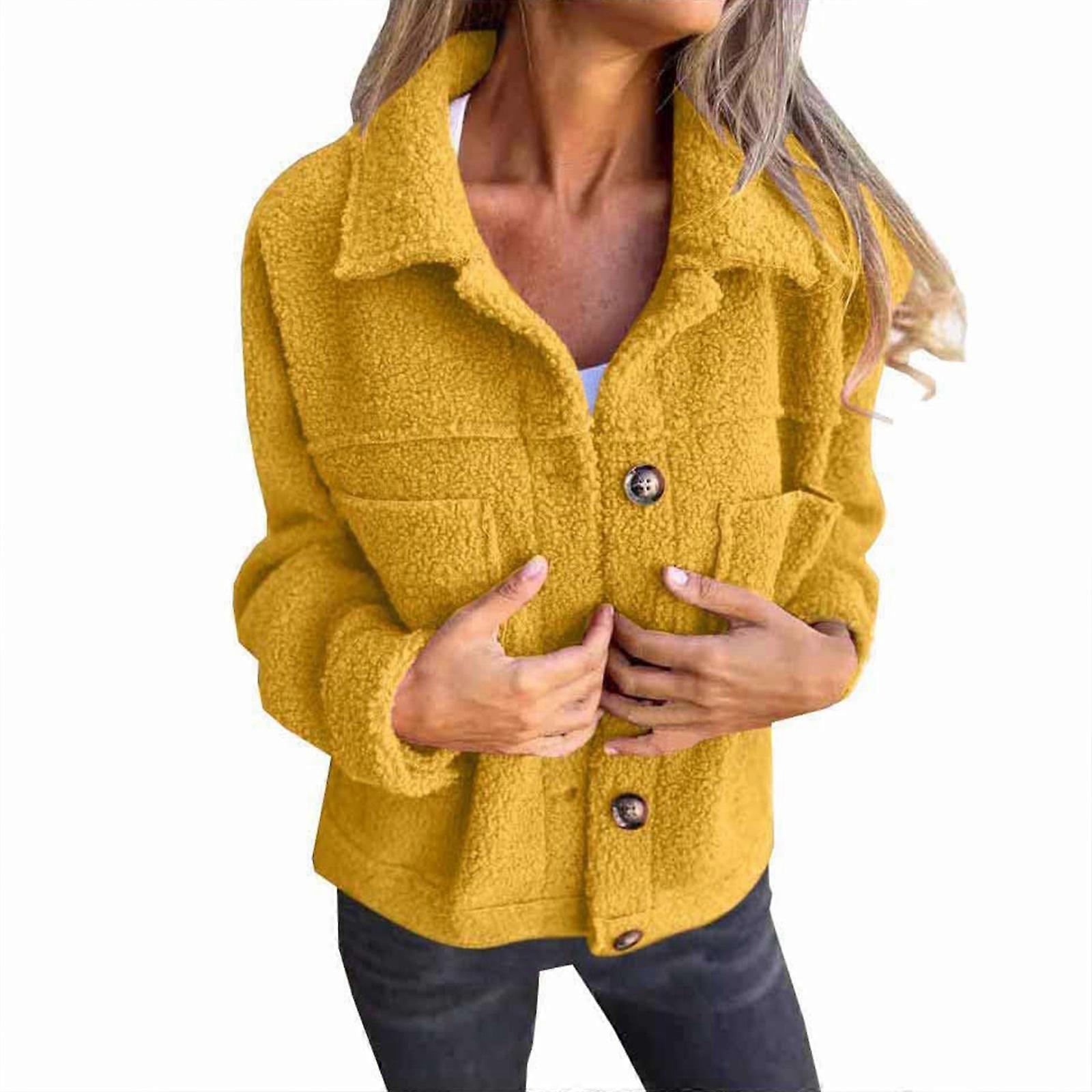 Women's Winter Faux Fleece Coat Soft Fuzzy Button Down Shearling Plush Short Outerwear  Yellow XL