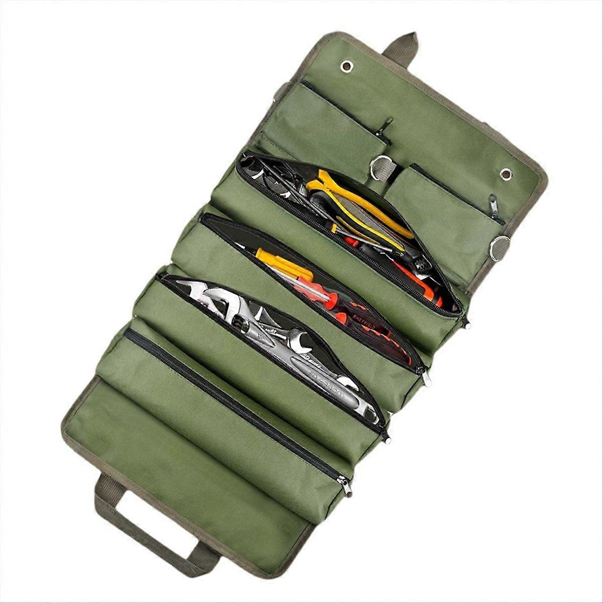 Roll Up Tool Bag,Heavy Duty Tool Organizer with 2 Detachable Zipper Pouches, Compact Tool Storage f