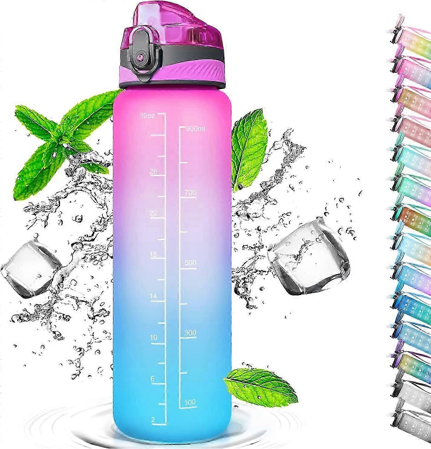 1 litre Drinking bottle with straw,with time markers, Sports Bicycle Bottle (Gradient Pink Blue)