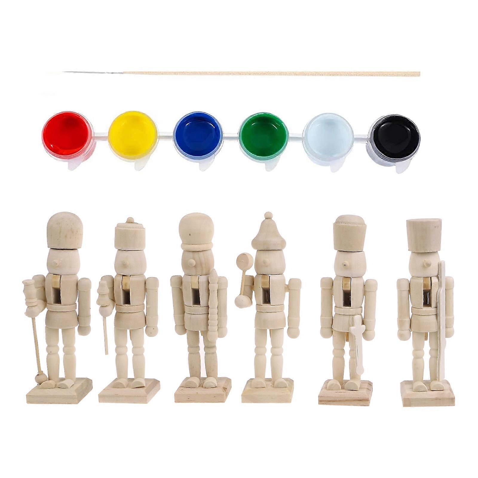 6pcs 12cm Christmas Nutcrackers Soldier Wood Unfinished Nutcrackers Figurine with Paint Brush DIY Craft Unpainted Puppet Multicolor