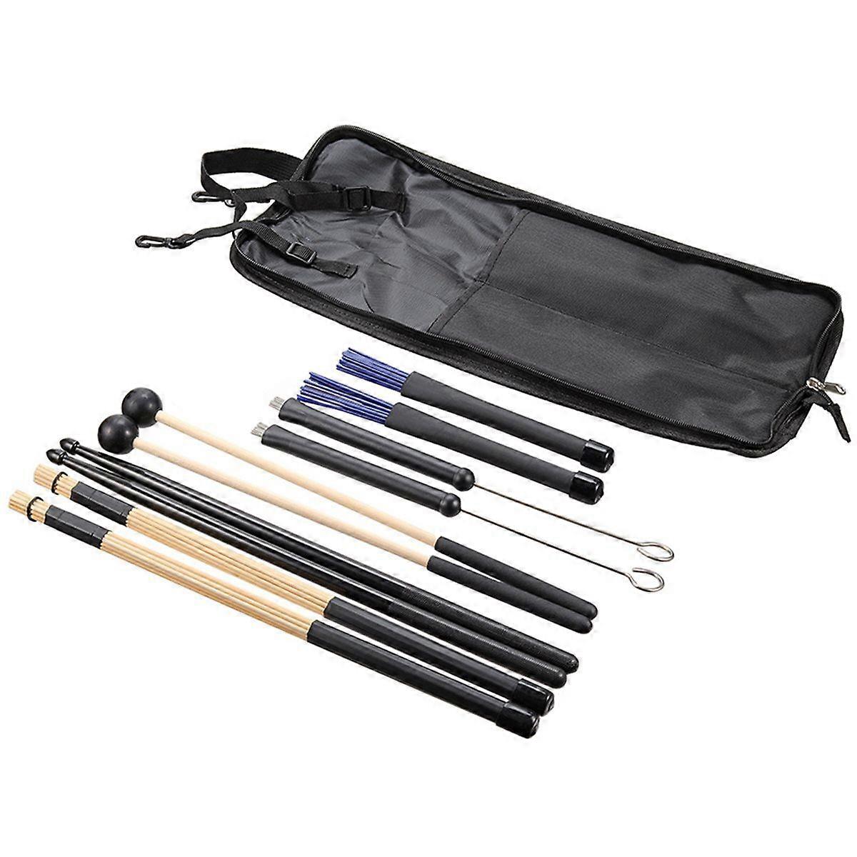 Drumstick Bag with Floor Hooks 5 Pairs Drum Sticks Mallets Brushes Set Percussion Instrument Accesso