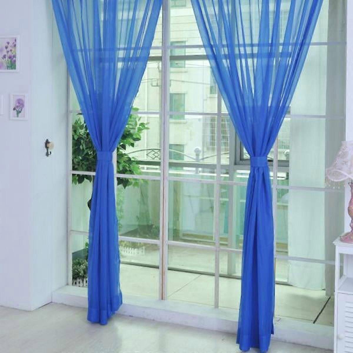 YUEHAO Curtain 2 Pcs Pure Color Tulle Door Window Curtain Drape Panel Sheer Scarf Valances Db Glass Yarn 1 Dark Blue