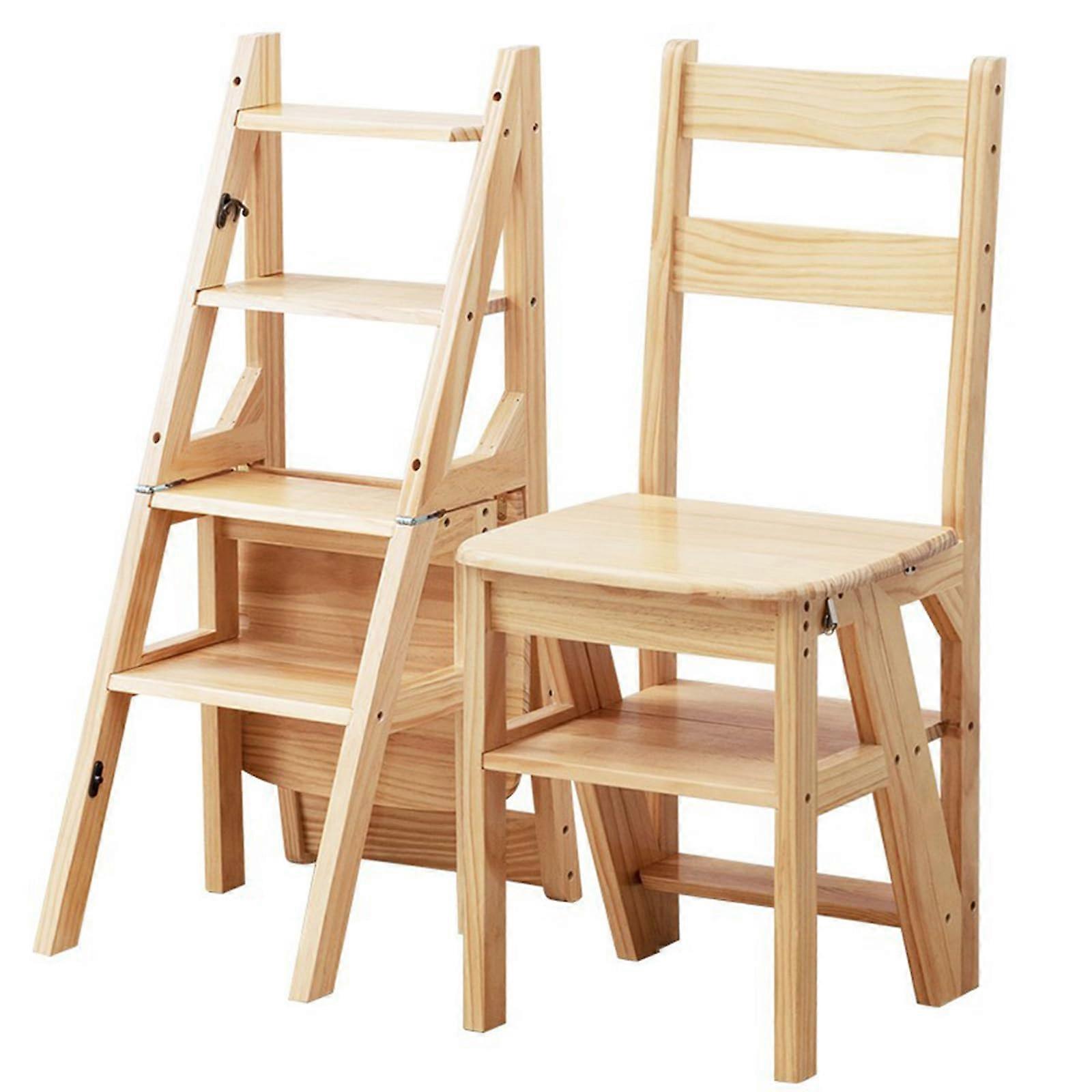 Solid Wood Folding Ladder Chair 4Step Convertible Step Stool for Home Kitchen Office (35x46x90cm)