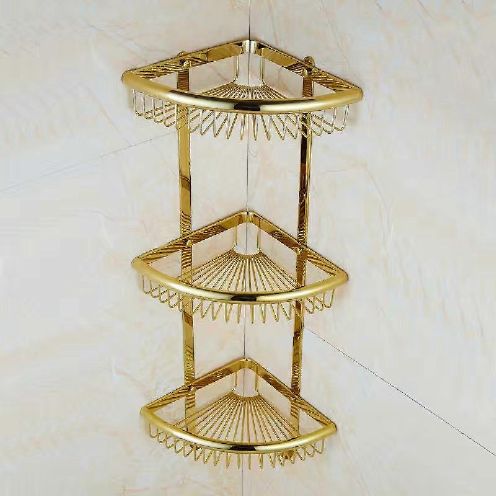 Bathroom Corner Shelf Gold Triangle ThreeTier Wall Mounted Rustproof Organizer with Hooks