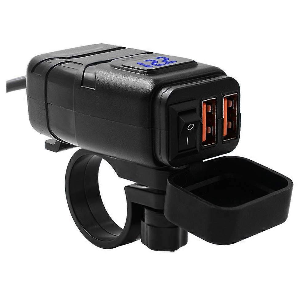Motorcycle USB Charger with Voltmeter, Waterproof 12V Handlebar Dual Port Fast Charging Socket