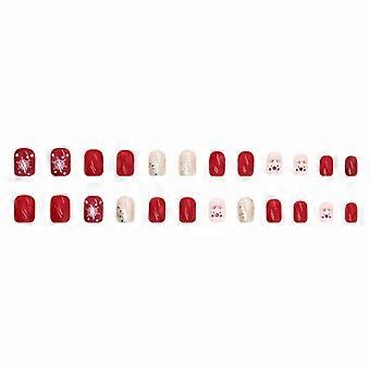 Red Snowflake Press On Nails Short Glitter Christmas Nail Set Ready to Wear Holiday Fake Nails