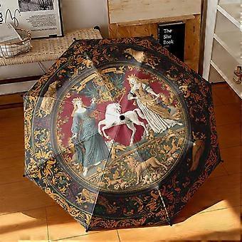 1pc Medieval Lady and Unicorn Umbrella Portable Folding Umbrella Iron Frame Hole Bone Structure Outdoor Home Umbrella
