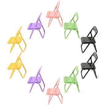 Conjunto de 10 cadeiras dobráveis ​​em miniatura, cores sortidas, em plástico PP, para decoração de casa de bonecas e suporte para celular.