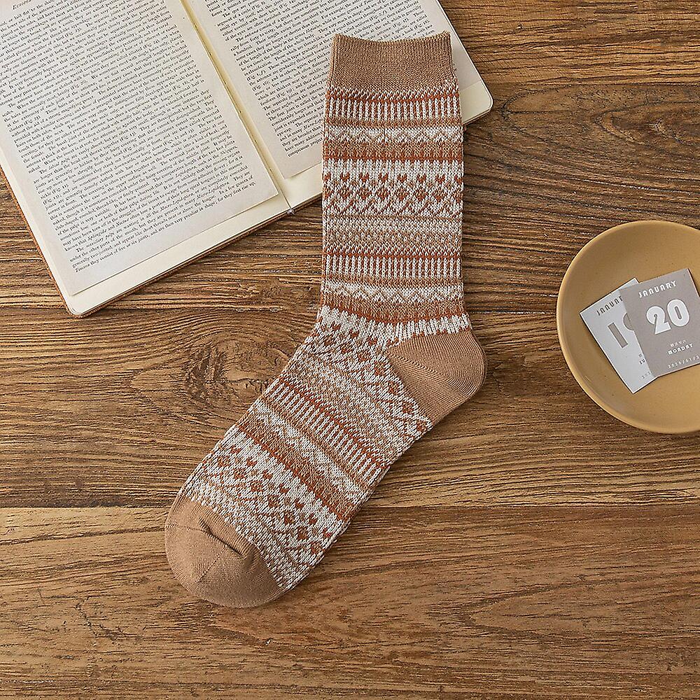 1 Pair Women Socks Spring Autumn Retro Style Men Couple Cotton Socks National Wind Stripes Pattern Khaki Solid Color Socks