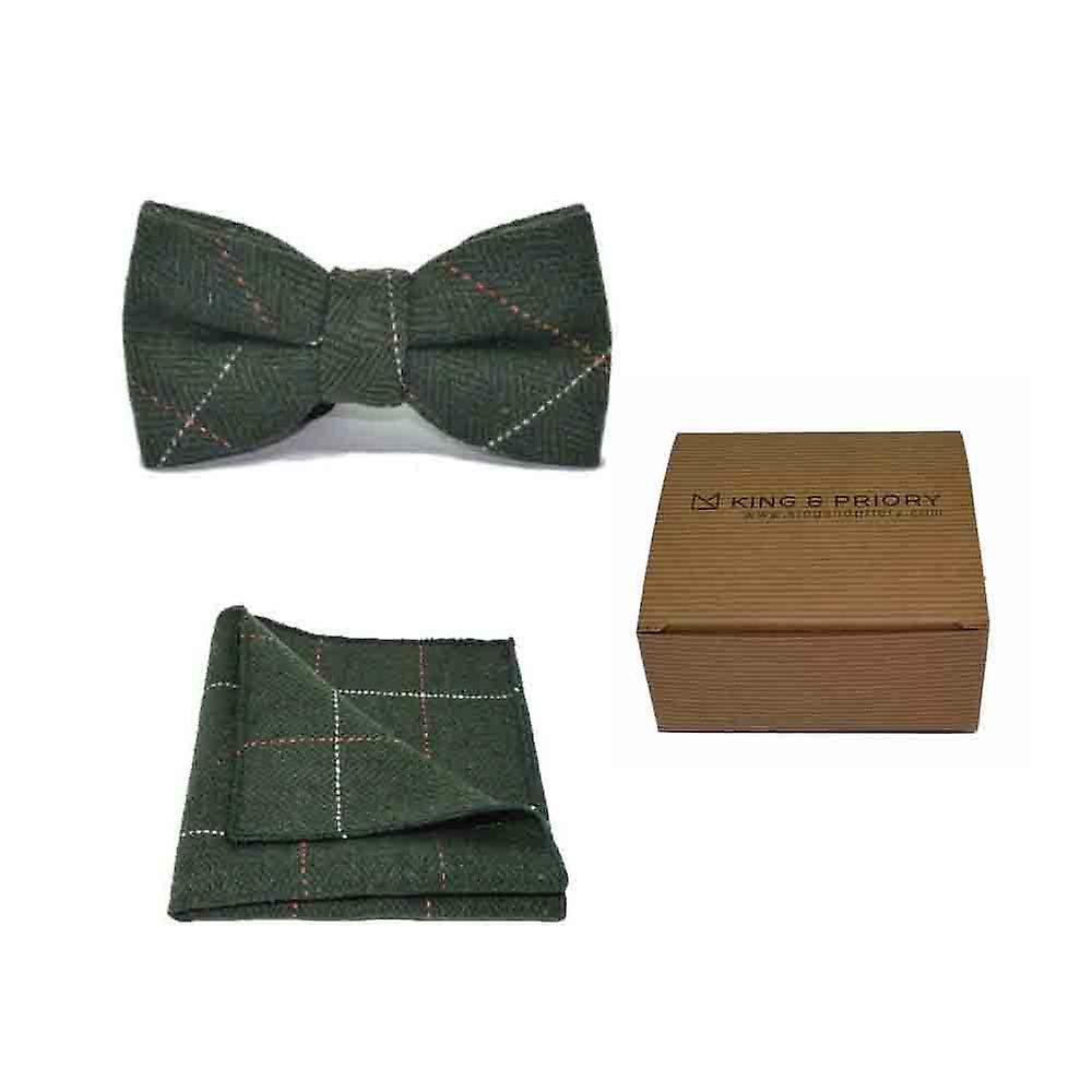 Luxury Herringbone Forest Green Tweed Bow Tie &amp; Pocket Square Set | Boxed
