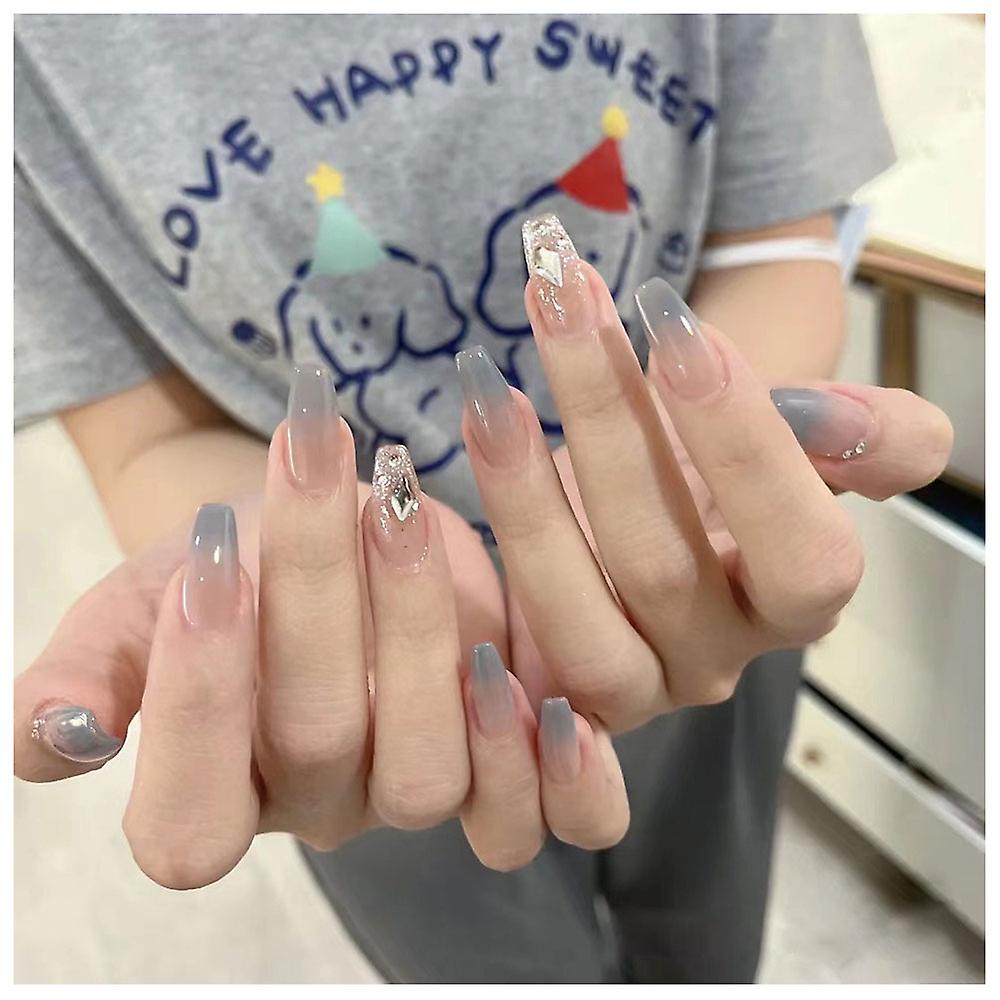 Artificial False Nails Square Rhinestone Nail Stickers Gradient Blue Natural