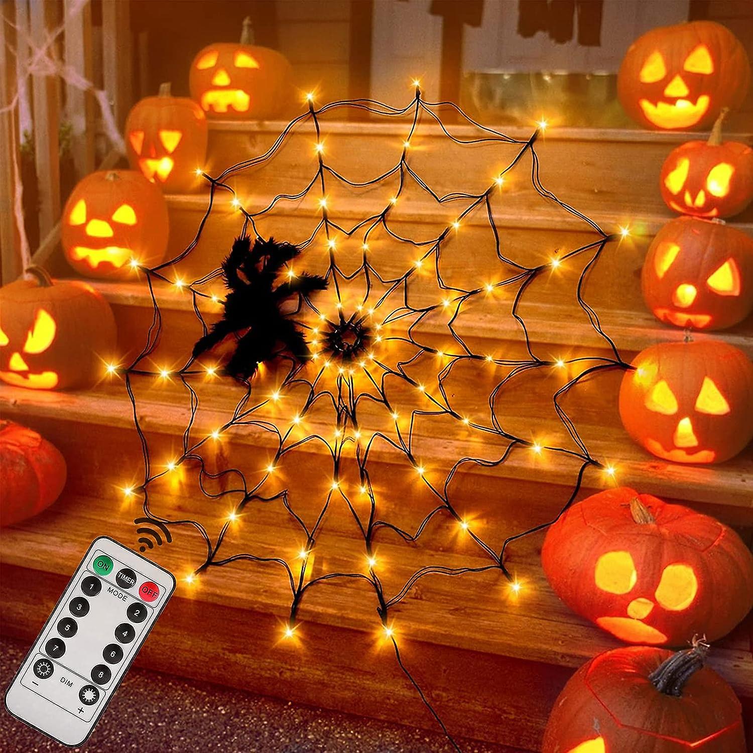 Halloween Spider Web Lights 4ft Diameter 70 Led With Black Spider, Waterproof Orange Net Lights, Remote Control, 8 Modes Cobweb Halloween Decorations 