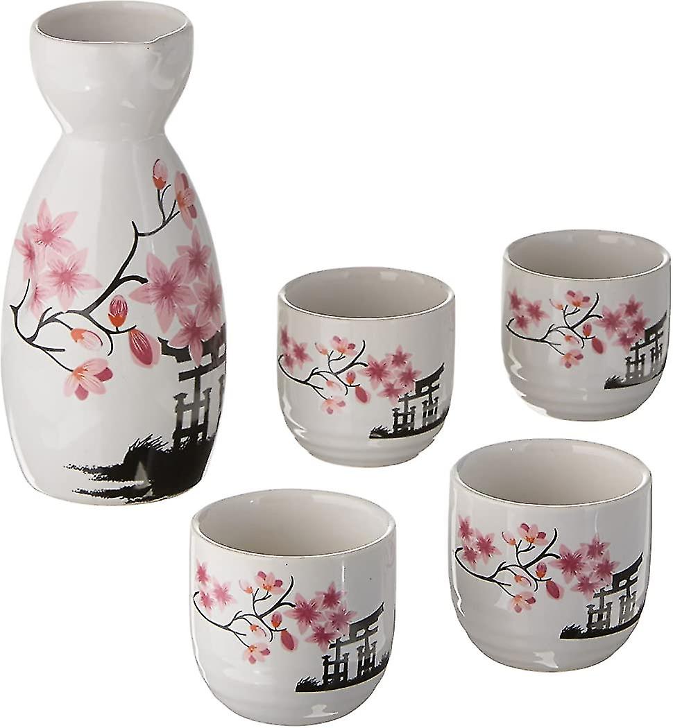 Pink Japanese Sake Set, Porcelain, White